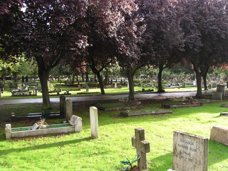 Headstones surrounded by grass and trees