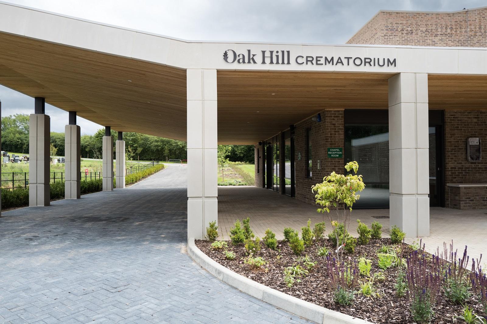 Crematorium building with a sign saying chapel reception